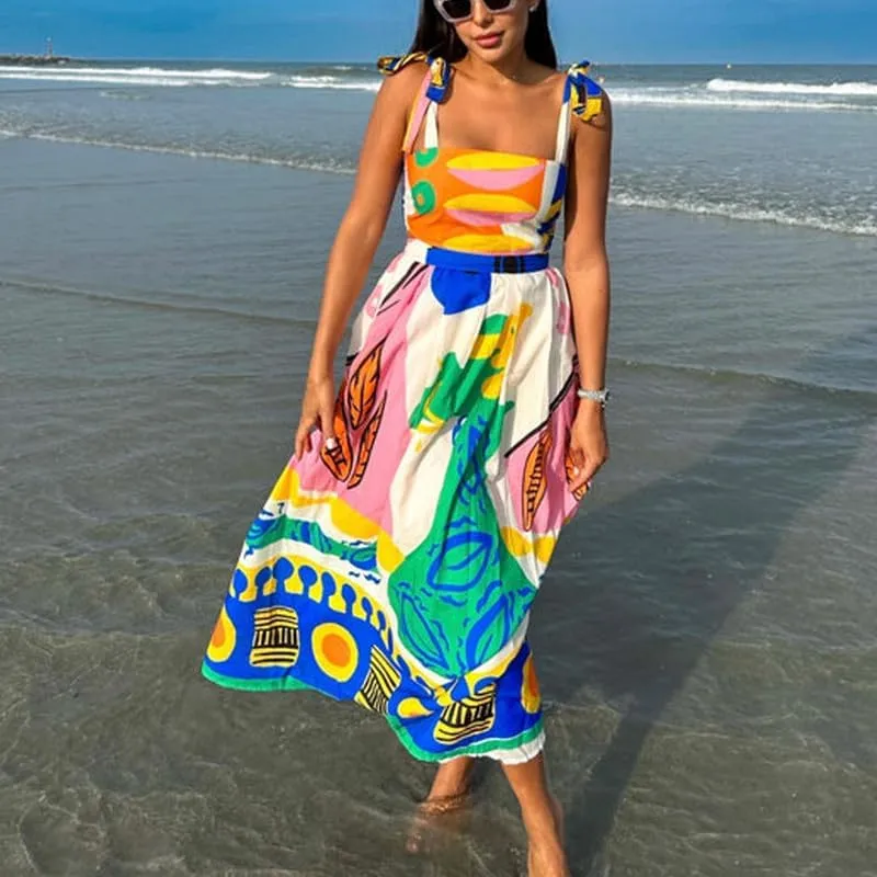 NUFIWI Women Boho Graffiti Cami Long Dress Graphic Spaghetti Strap Flowy Maxi Dress Square Neck Colorful A Line Sundress