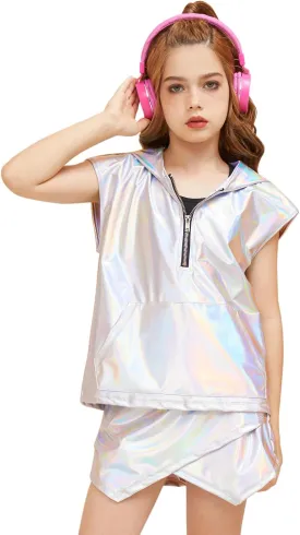 Perfashion Girls Vest Metallic Half Zip Hoodie Sleeveless Leather Disco Jackets with Kangaroo Pocket 4-13Y