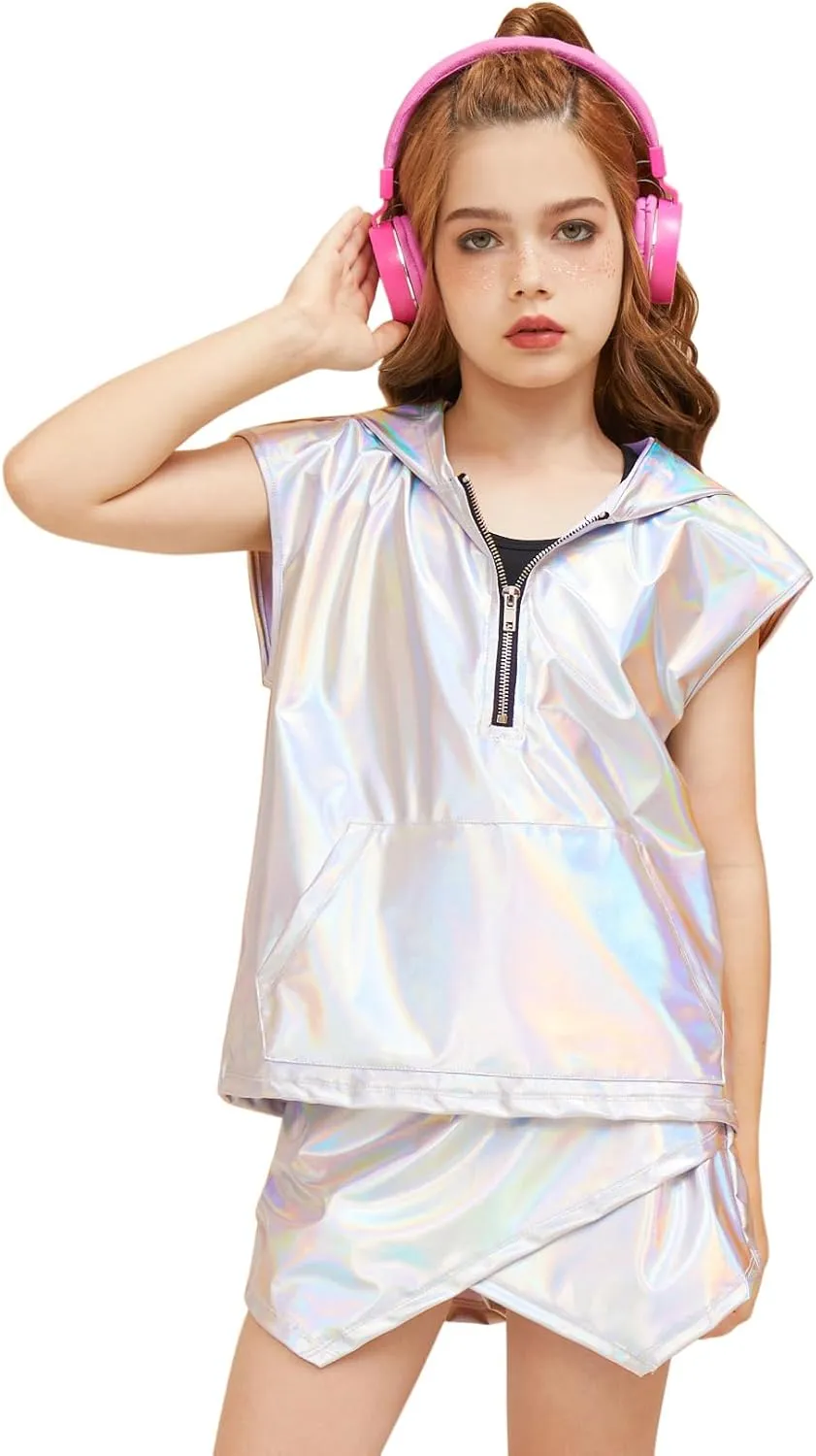 Perfashion Girls Vest Metallic Half Zip Hoodie Sleeveless Leather Disco Jackets with Kangaroo Pocket 4-13Y