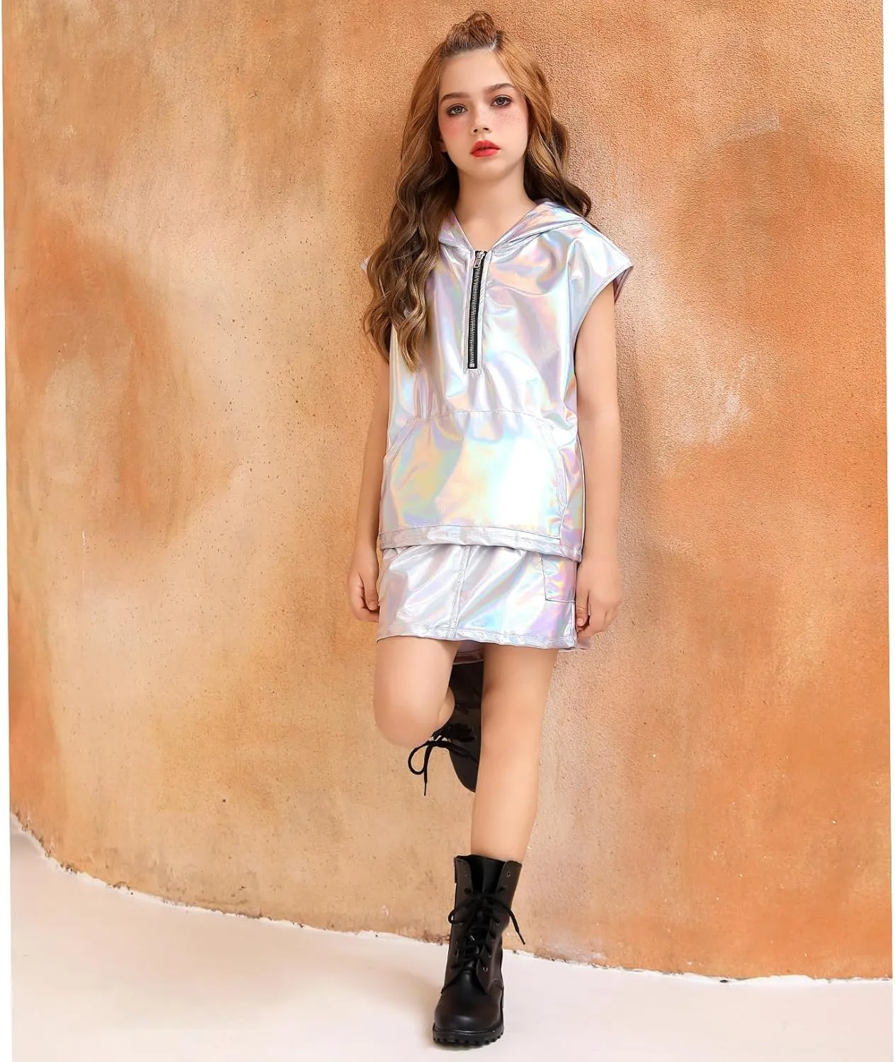 Perfashion Girls Vest Metallic Half Zip Hoodie Sleeveless Leather Disco Jackets with Kangaroo Pocket 4-13Y