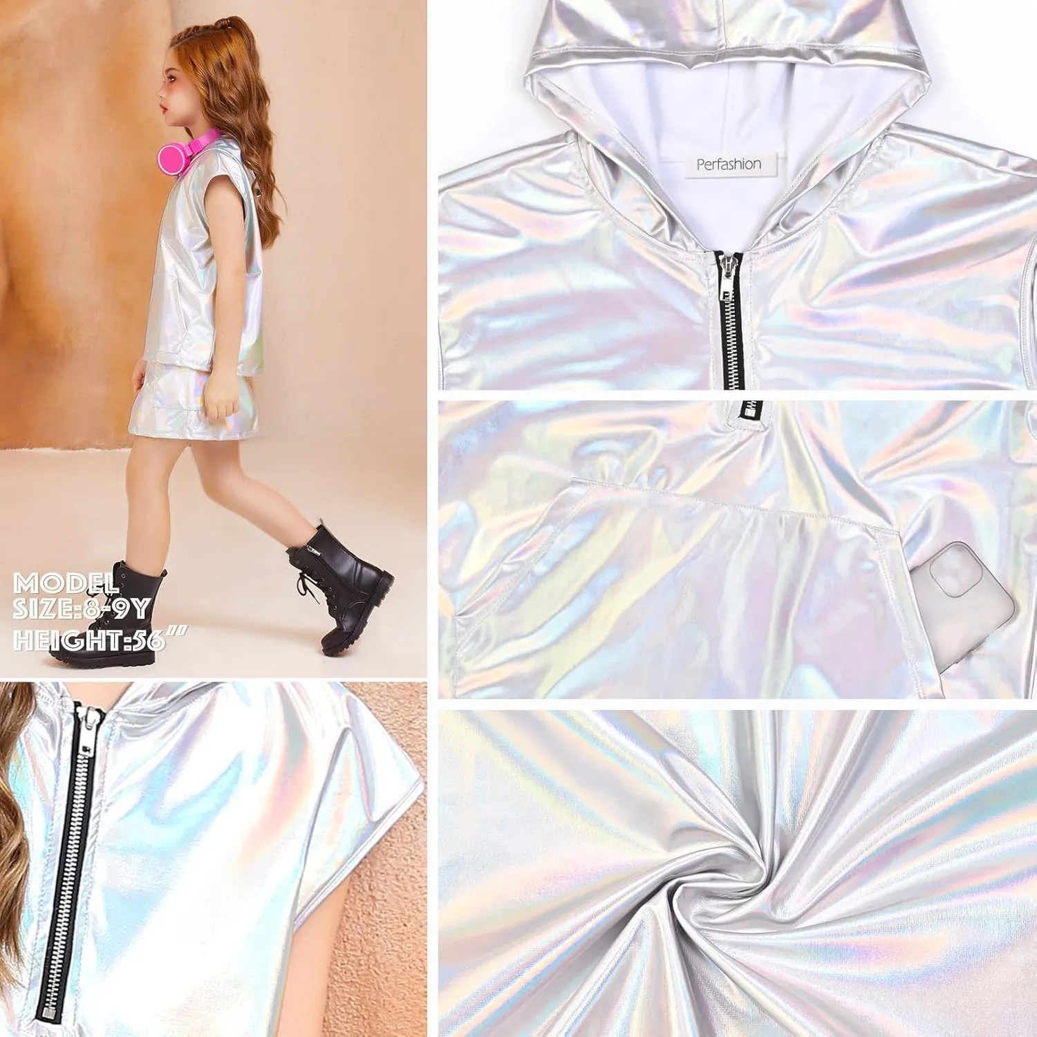 Perfashion Girls Vest Metallic Half Zip Hoodie Sleeveless Leather Disco Jackets with Kangaroo Pocket 4-13Y