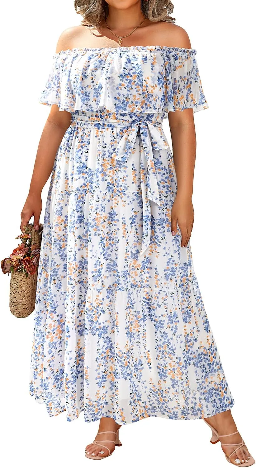 Plus Size Chiffon Off The Shoulder Maxi Long Floral Summer Casual Beach Boho Sundress Women 2024