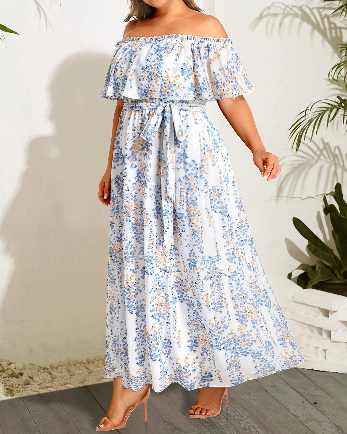 Plus Size Chiffon Off The Shoulder Maxi Long Floral Summer Casual Beach Boho Sundress Women 2024