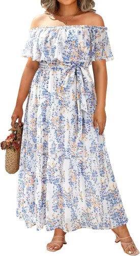 Plus Size Chiffon Off The Shoulder Maxi Long Floral Summer Casual Beach Boho Sundress Women 2024