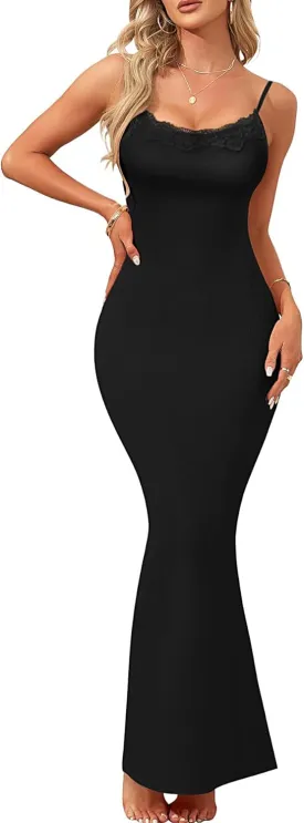 Rooscier Women's Lace Basic Sexy Lounge Slip Long Dress Sleeveless Ribbed Bodycon Maxi Dresses