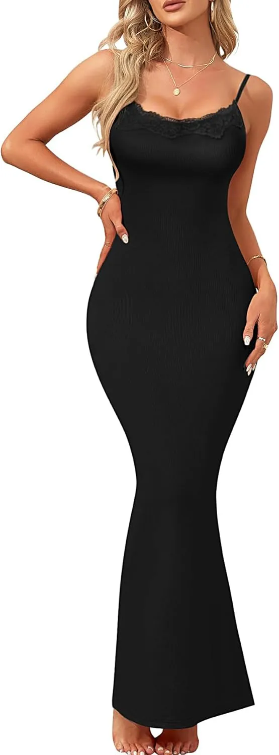 Rooscier Women's Lace Basic Sexy Lounge Slip Long Dress Sleeveless Ribbed Bodycon Maxi Dresses