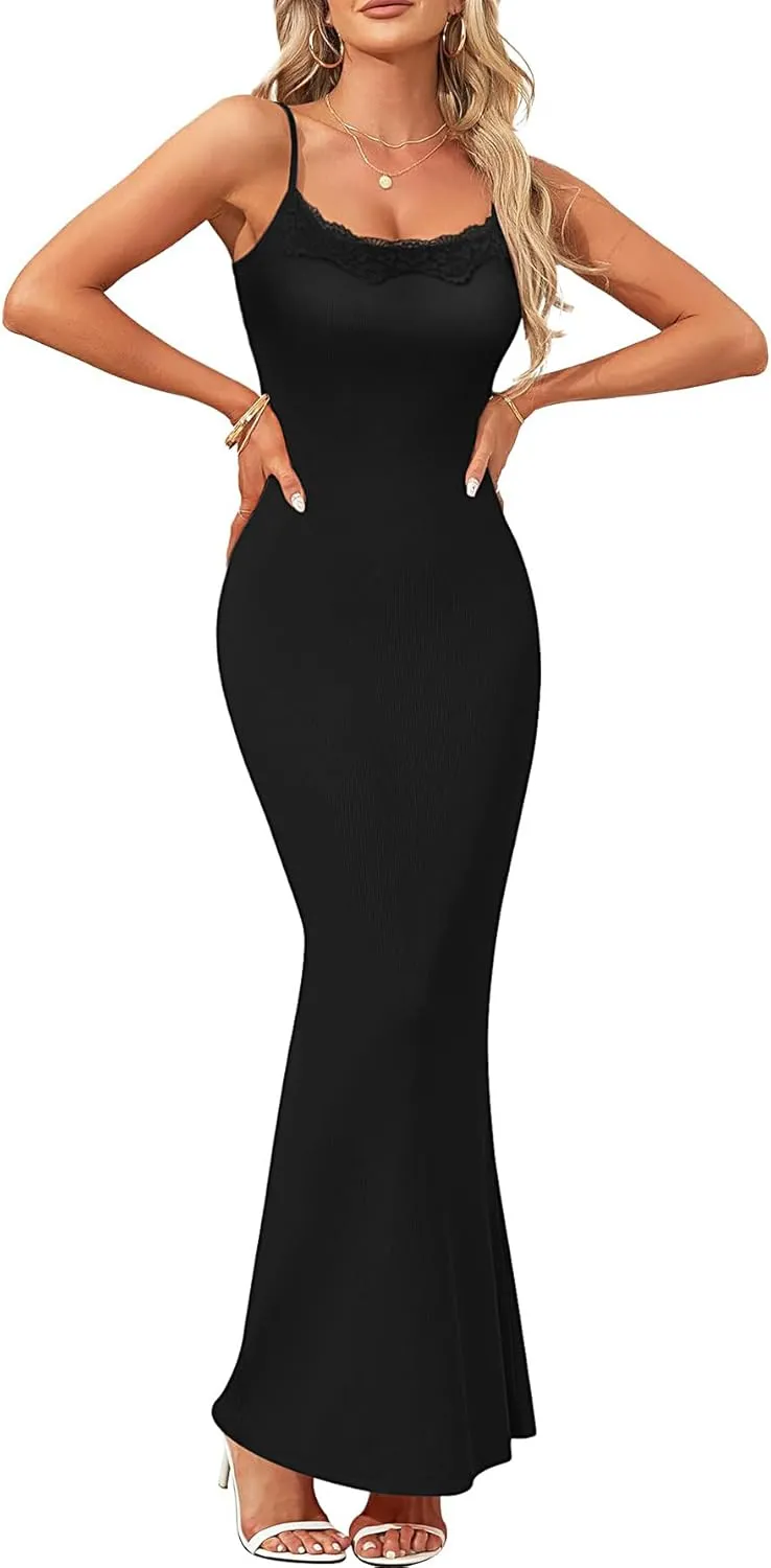 Rooscier Women's Lace Basic Sexy Lounge Slip Long Dress Sleeveless Ribbed Bodycon Maxi Dresses