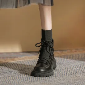 ROUND TOE CHUNKY FLAT ANKLE BOOTS with TIE