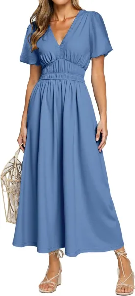 Simplee Women's Summer Flowy Midi Dress Casual V Neck Short Sleeve Empire Waist Boho Beach Dress Wedding Guest Maxi Dress