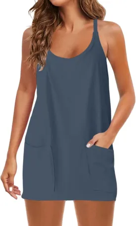 Summer Dresses Shirt for Women Sleeveless Mini V Neck Dress Spaghetti Strap Sundress Athletic Short Dress With Pockets