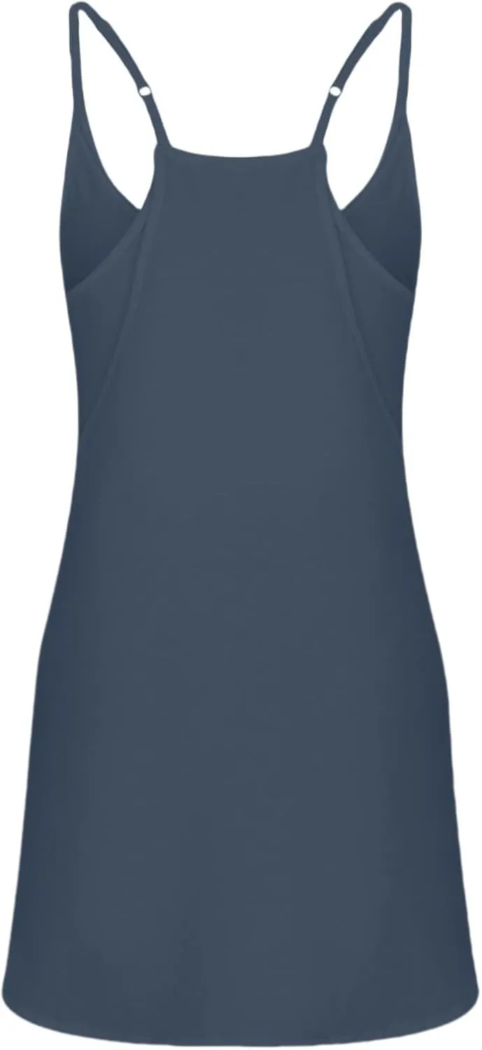Summer Dresses Shirt for Women Sleeveless Mini V Neck Dress Spaghetti Strap Sundress Athletic Short Dress With Pockets