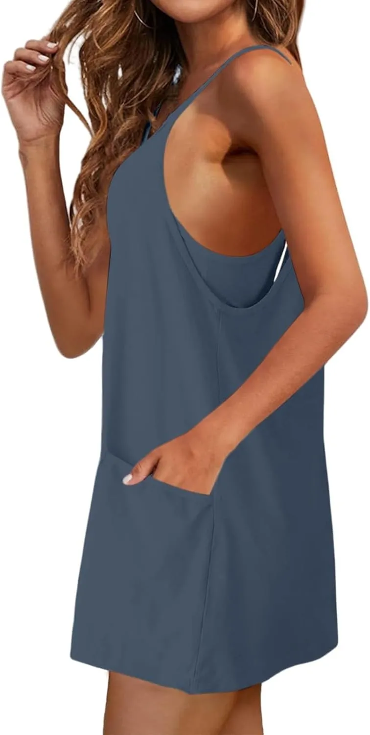 Summer Dresses Shirt for Women Sleeveless Mini V Neck Dress Spaghetti Strap Sundress Athletic Short Dress With Pockets