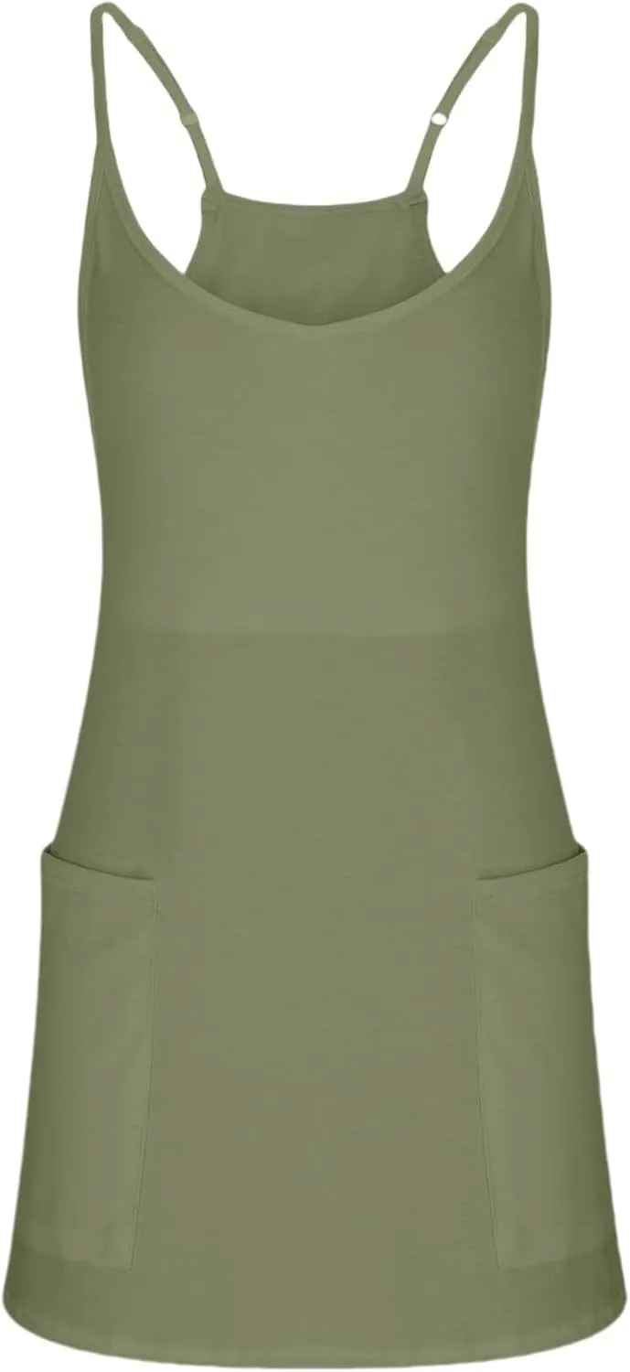 Summer Dresses Shirt for Women Sleeveless Mini V Neck Dress Spaghetti Strap Sundress Athletic Short Dress With Pockets
