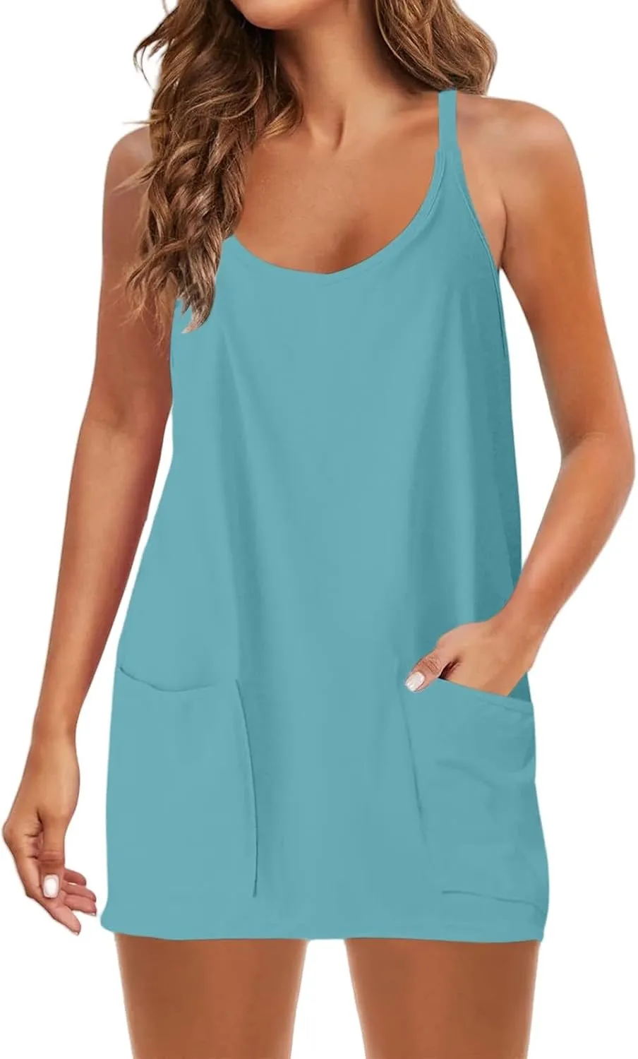 Summer Dresses Shirt for Women Sleeveless Mini V Neck Dress Spaghetti Strap Sundress Athletic Short Dress With Pockets