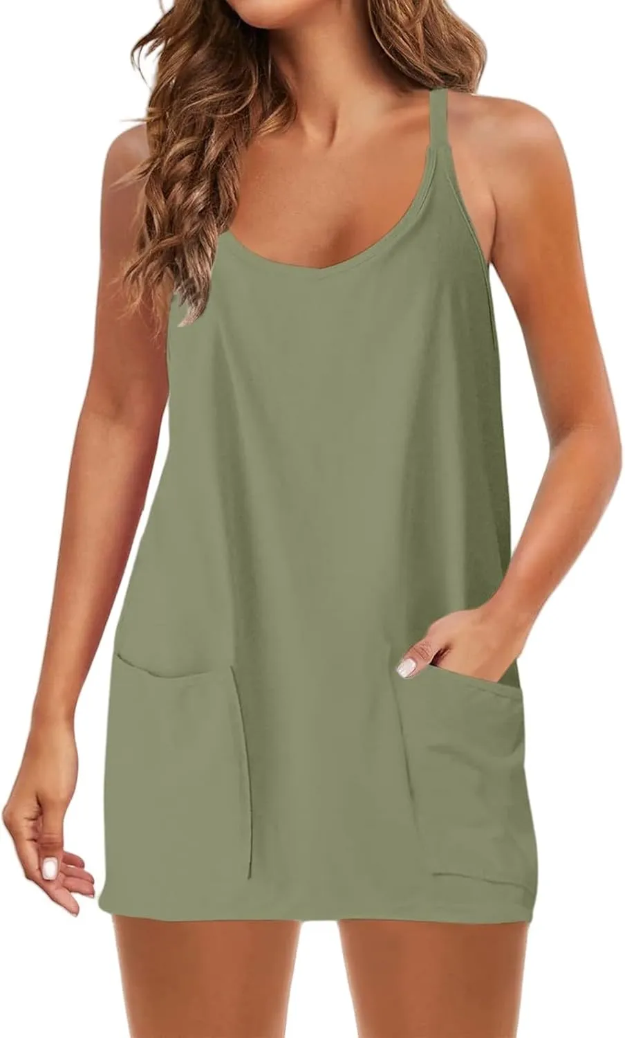 Summer Dresses Shirt for Women Sleeveless Mini V Neck Dress Spaghetti Strap Sundress Athletic Short Dress With Pockets