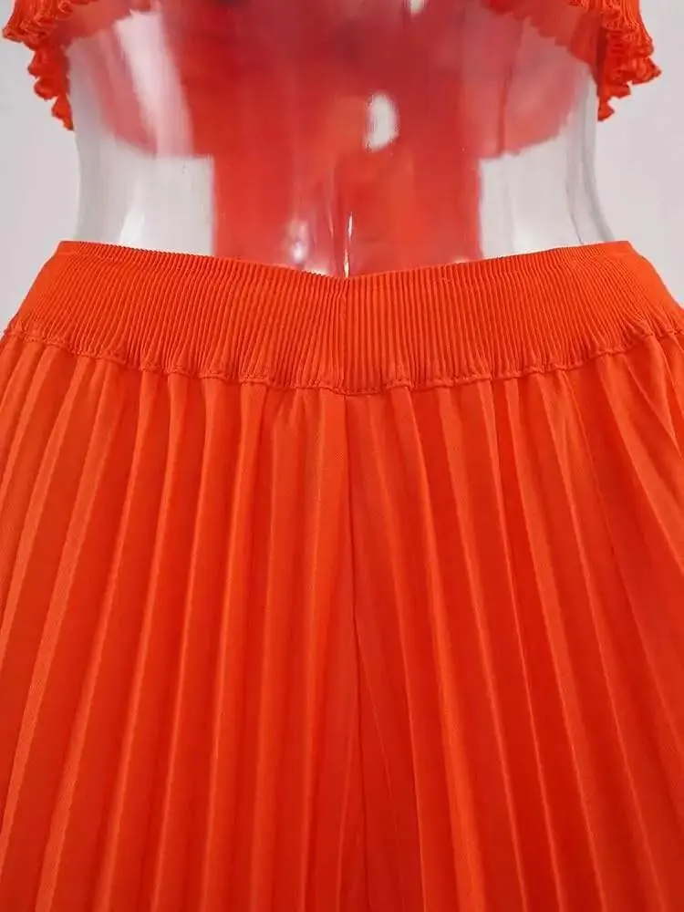Women Pleated 2 Piece Set Women Folds Sleeveless Bandage Tops   High Waist Wide Leg Trousers