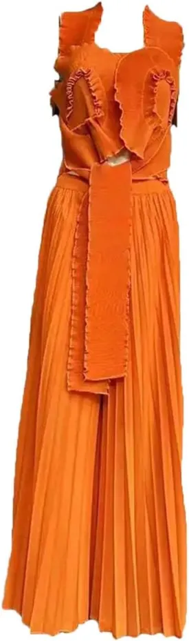 Women Pleated 2 Piece Set Women Folds Sleeveless Bandage Tops   High Waist Wide Leg Trousers