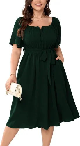 Women Plus Size Cocktail Dress Short Sleeve Square Neck Belted Elegant Flowy A Line Midi Dresses with Pockets