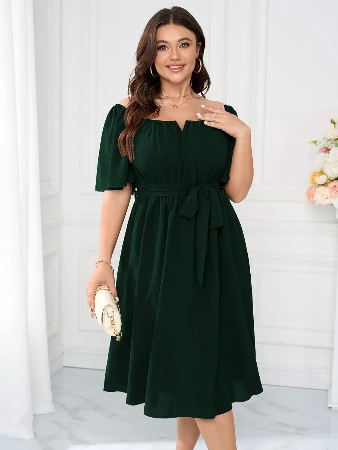 Women Plus Size Cocktail Dress Short Sleeve Square Neck Belted Elegant Flowy A Line Midi Dresses with Pockets
