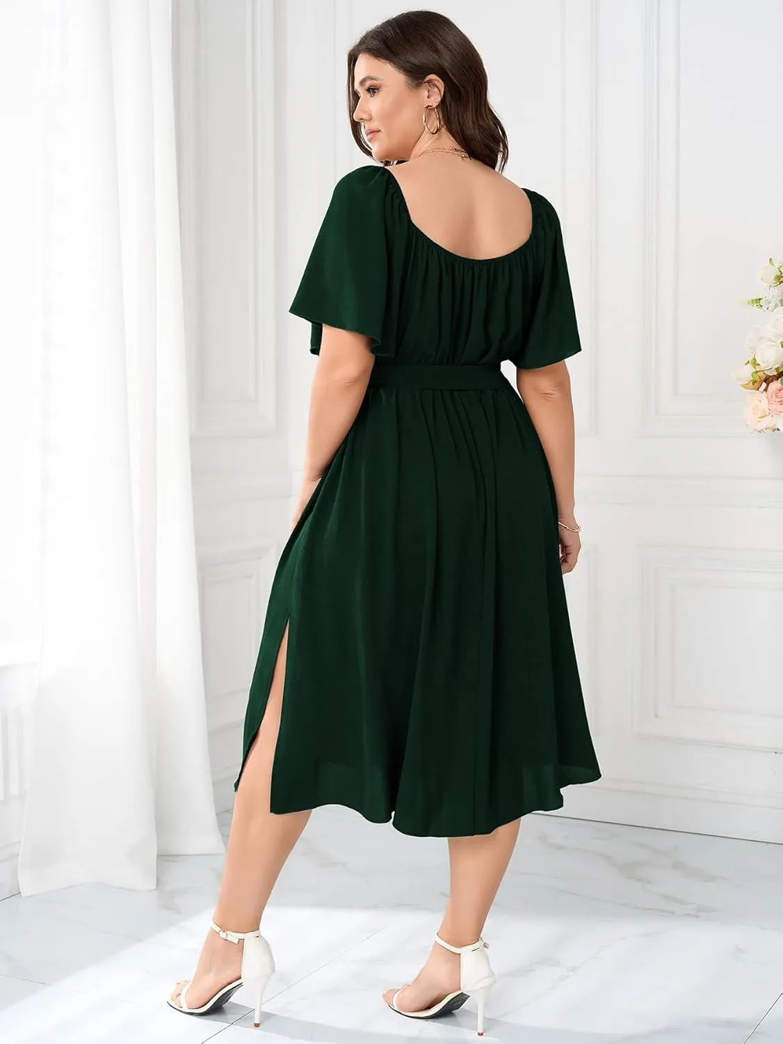 Women Plus Size Cocktail Dress Short Sleeve Square Neck Belted Elegant Flowy A Line Midi Dresses with Pockets
