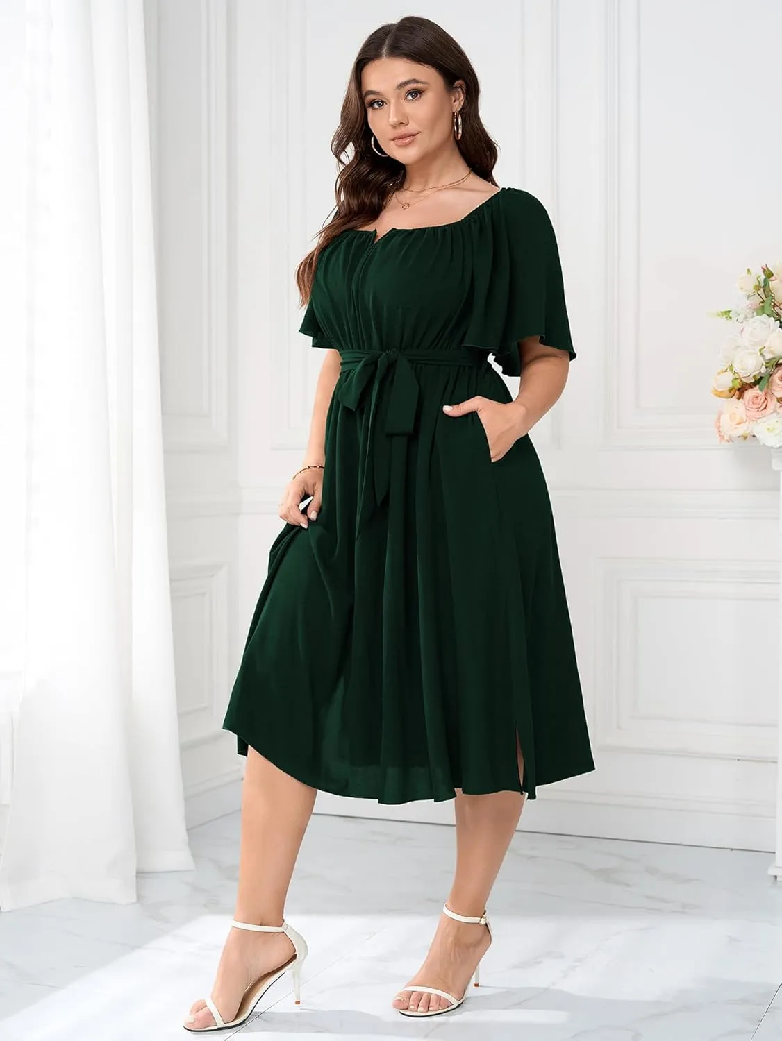 Women Plus Size Cocktail Dress Short Sleeve Square Neck Belted Elegant Flowy A Line Midi Dresses with Pockets