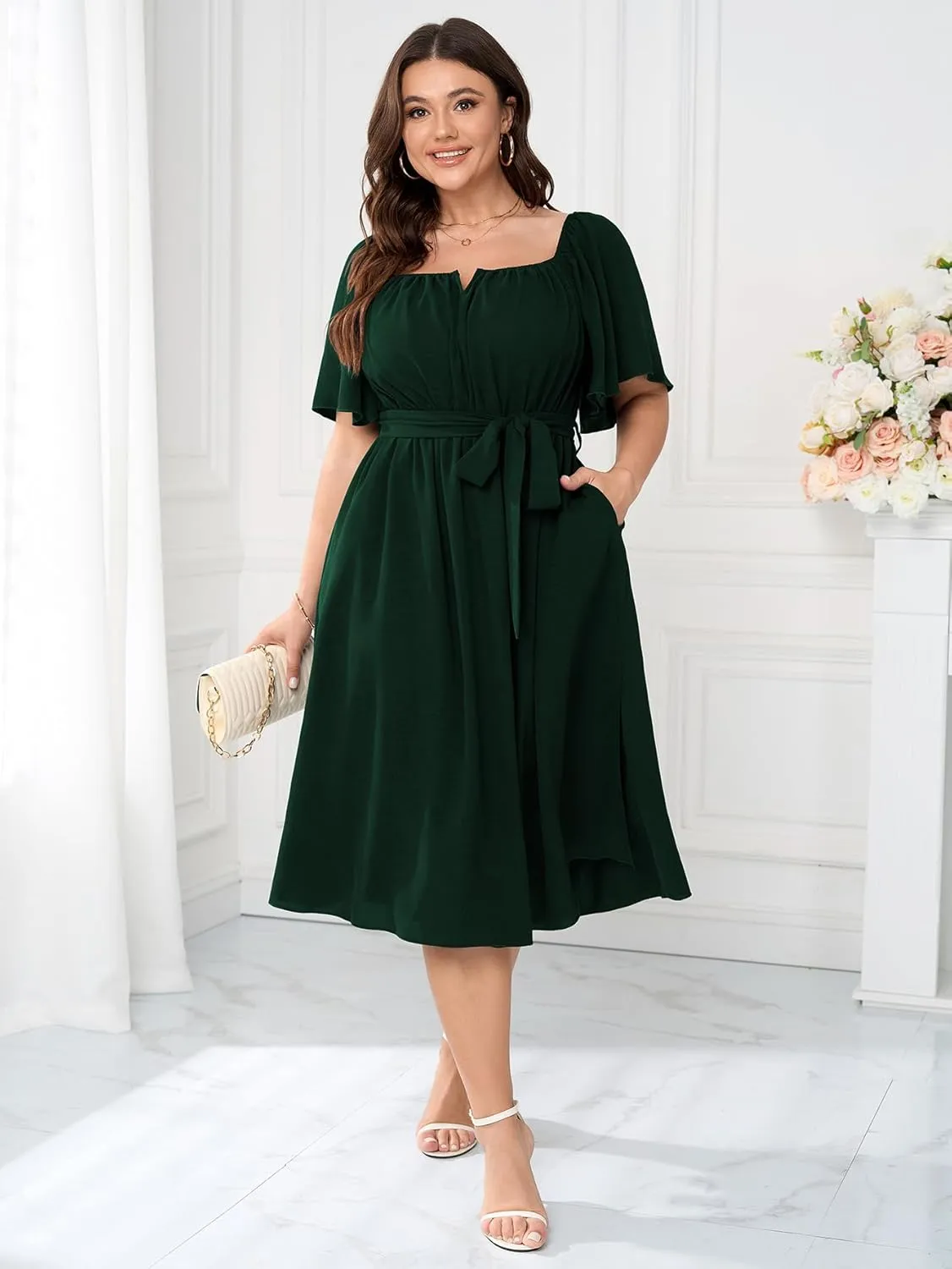Women Plus Size Cocktail Dress Short Sleeve Square Neck Belted Elegant Flowy A Line Midi Dresses with Pockets