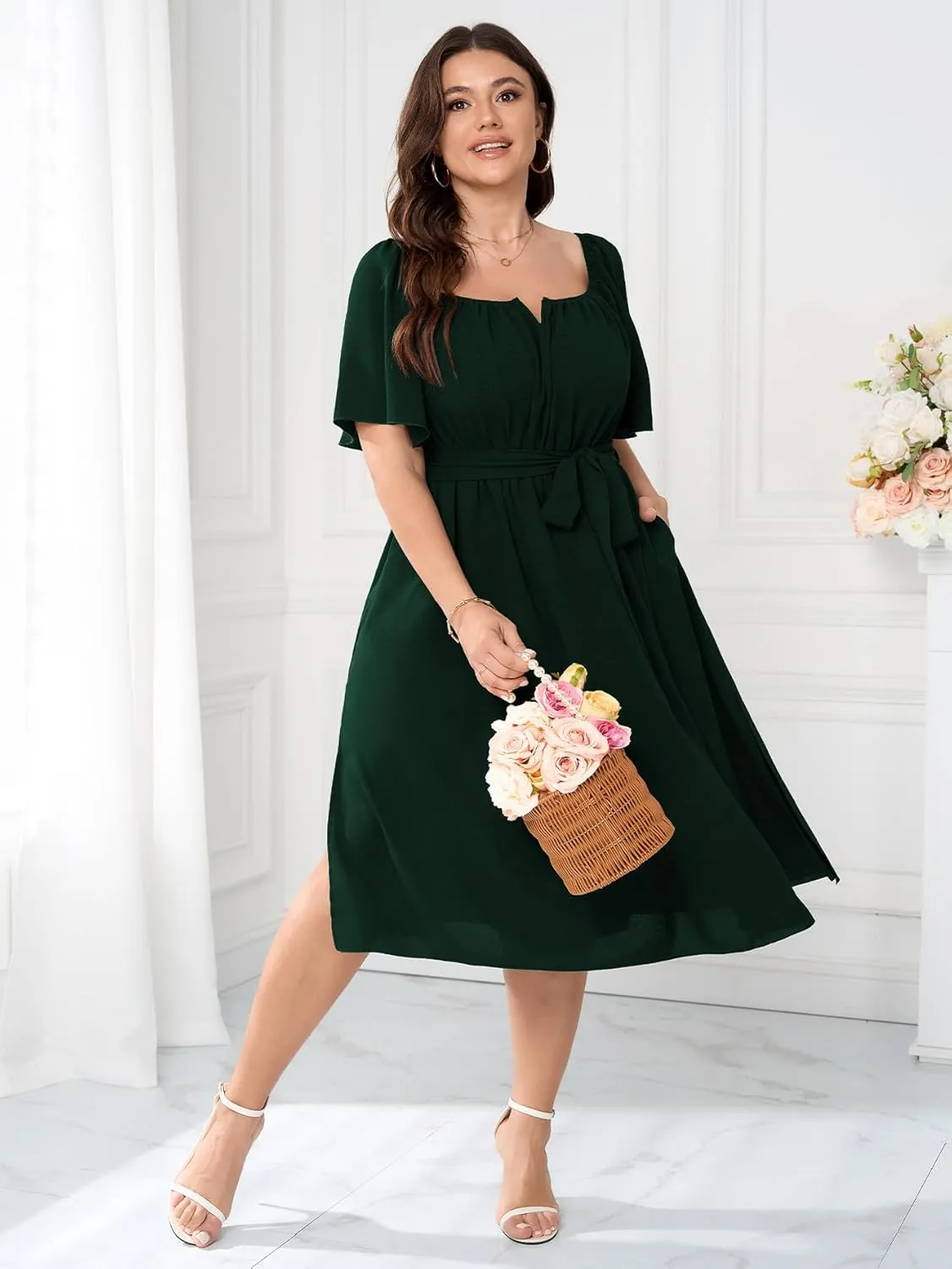 Women Plus Size Cocktail Dress Short Sleeve Square Neck Belted Elegant Flowy A Line Midi Dresses with Pockets
