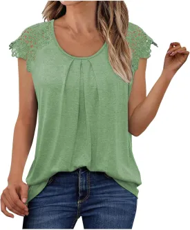 Womens Lace Tops Pleated Short Sleeve Shirts Summer Business Casual Dressy Blouses Tunics