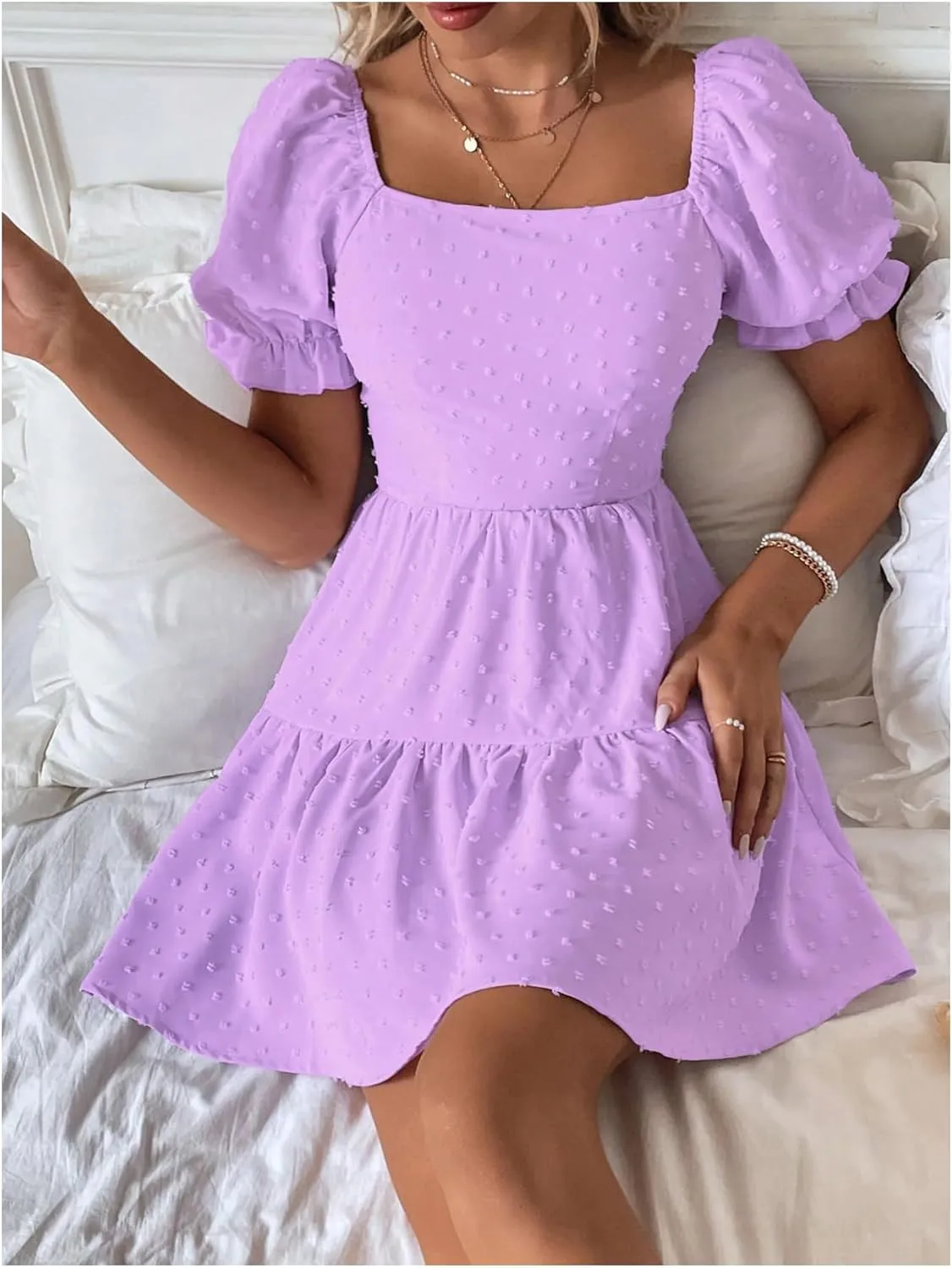 Women's Puff Sleeve Square Neck Ruffle Hem Mini Dress Tie Back High Waist A Line Dresses