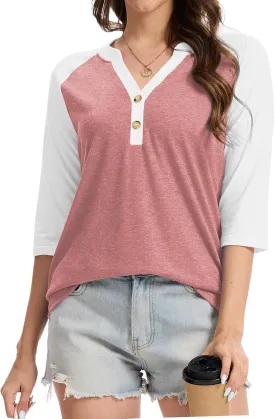 Womens Tops 3/4 Sleeve Button Down Raglan Shirts V Neck Color Block Loose Casual Basic Tees