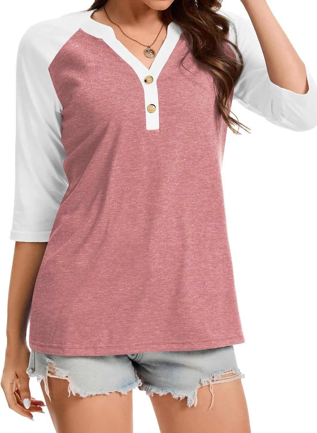Womens Tops 3/4 Sleeve Button Down Raglan Shirts V Neck Color Block Loose Casual Basic Tees