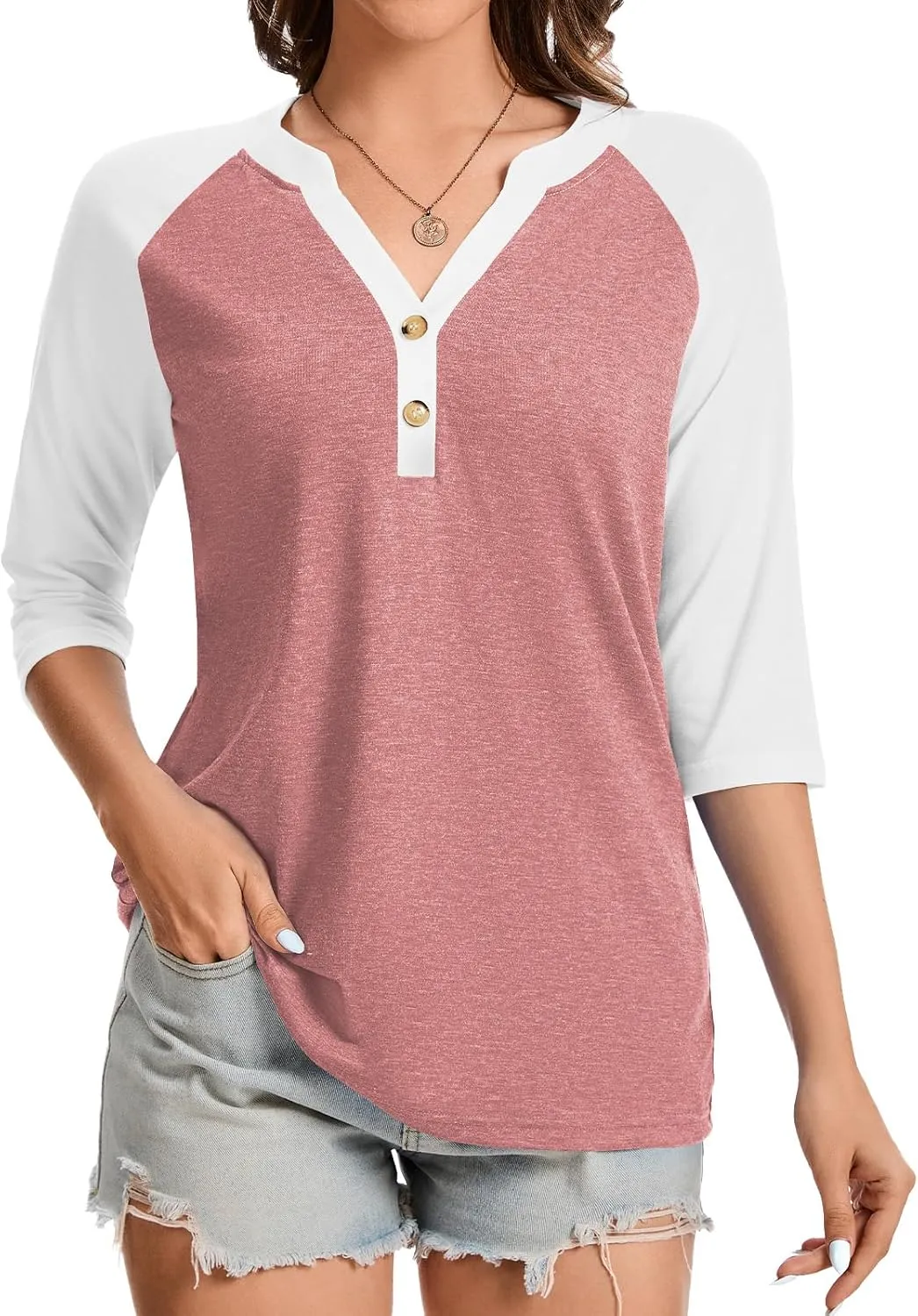 Womens Tops 3/4 Sleeve Button Down Raglan Shirts V Neck Color Block Loose Casual Basic Tees