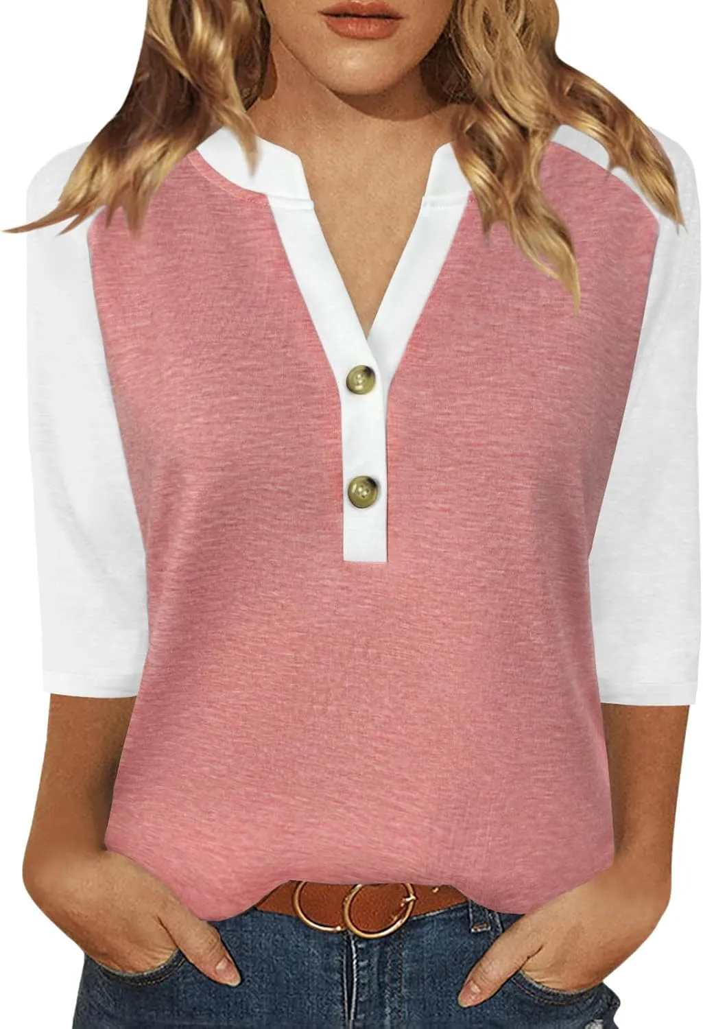 Womens Tops 3/4 Sleeve Button Down Raglan Shirts V Neck Color Block Loose Casual Basic Tees