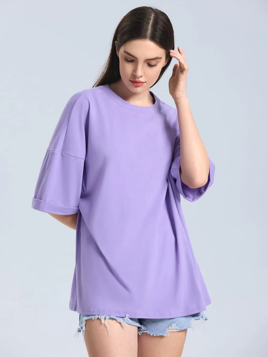 ZANZEA Oversized T Shirts for Women Short Rolled Sleeve Round Neck Summer Tops Drop Shoulder Casual Loose Basic Tees