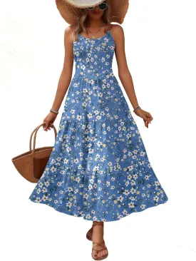 Zeagoo Womens Summer Long Dress Adjustable Spaghetti Strap Floral Casual Dress with Pockets Flowy Tiered Beach Sundress